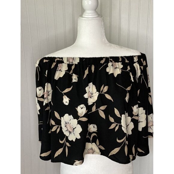 Lulus Womens Light Of Dawn Black Floral On Off Shoulder Split Back Cropped Top-L - Picture 5 of 15